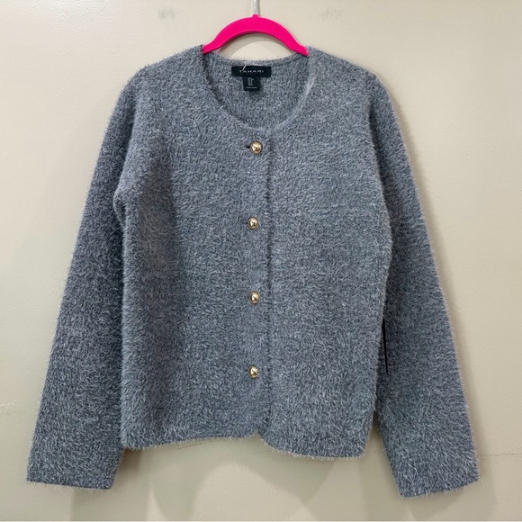 Tahari Sweaters - NWT Tahari Gray Fuzzy Knit Cardigan Sweater Gold Buttons Crew Neck  Womens Small